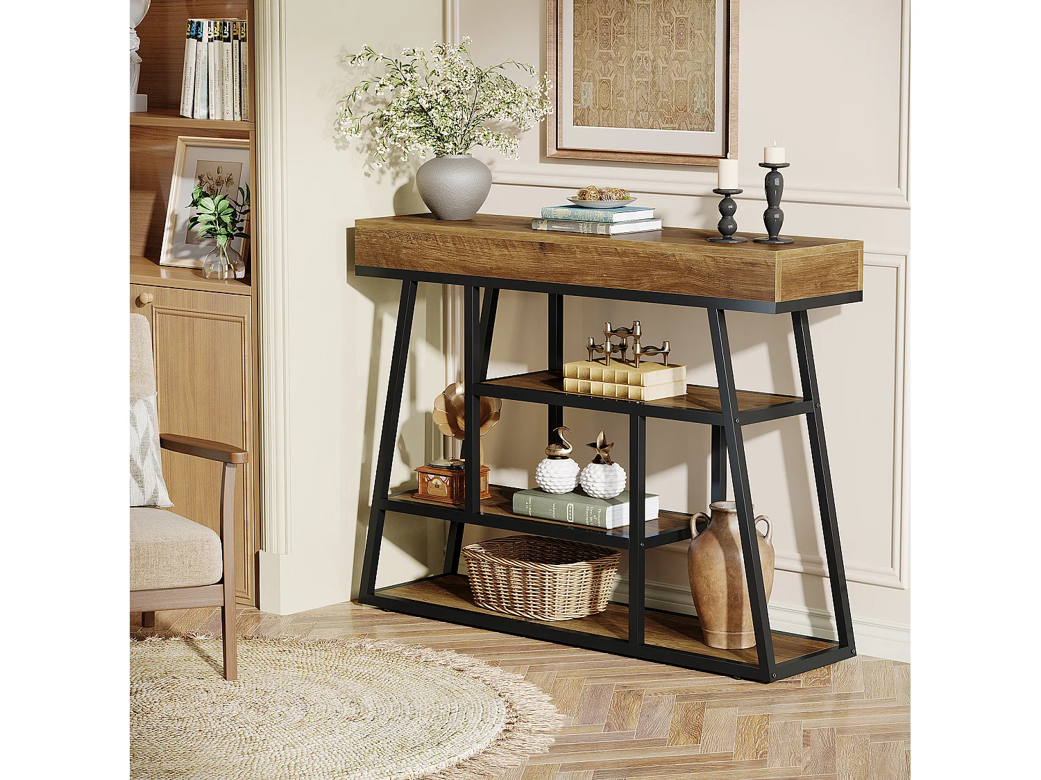 Table d'entrée de 105 cm, console étroite de style industriel avec 4 étagères de rangement