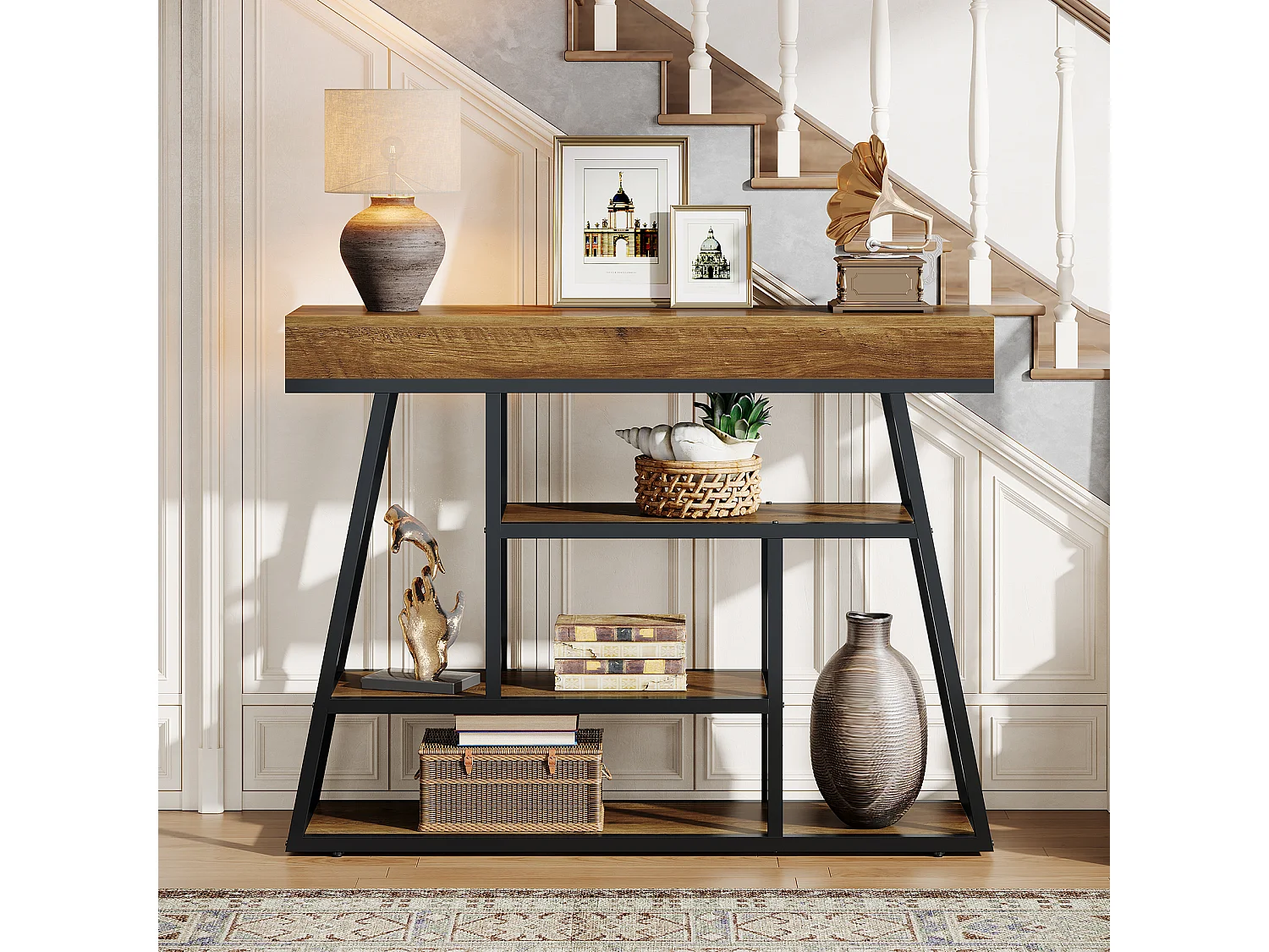 Table d'entrée de 105 cm, console étroite de style industriel avec 4 étagères de rangement