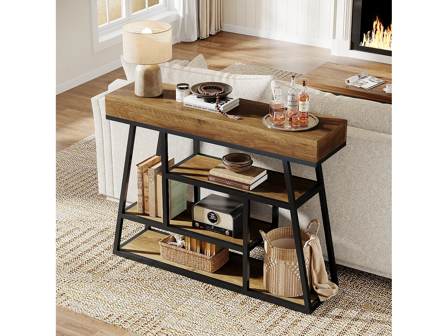 Table d'entrée de 105 cm, console étroite de style industriel avec 4 étagères de rangement