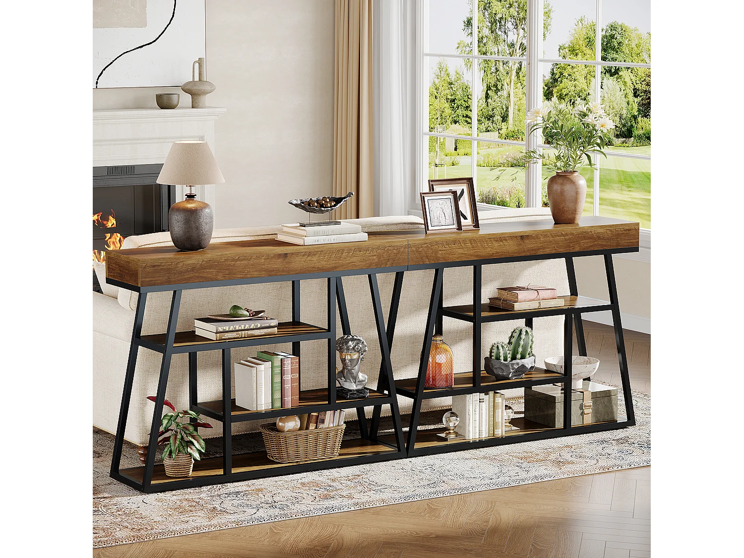 Table d'entrée de 105 cm, console étroite de style industriel avec 4 étagères de rangement