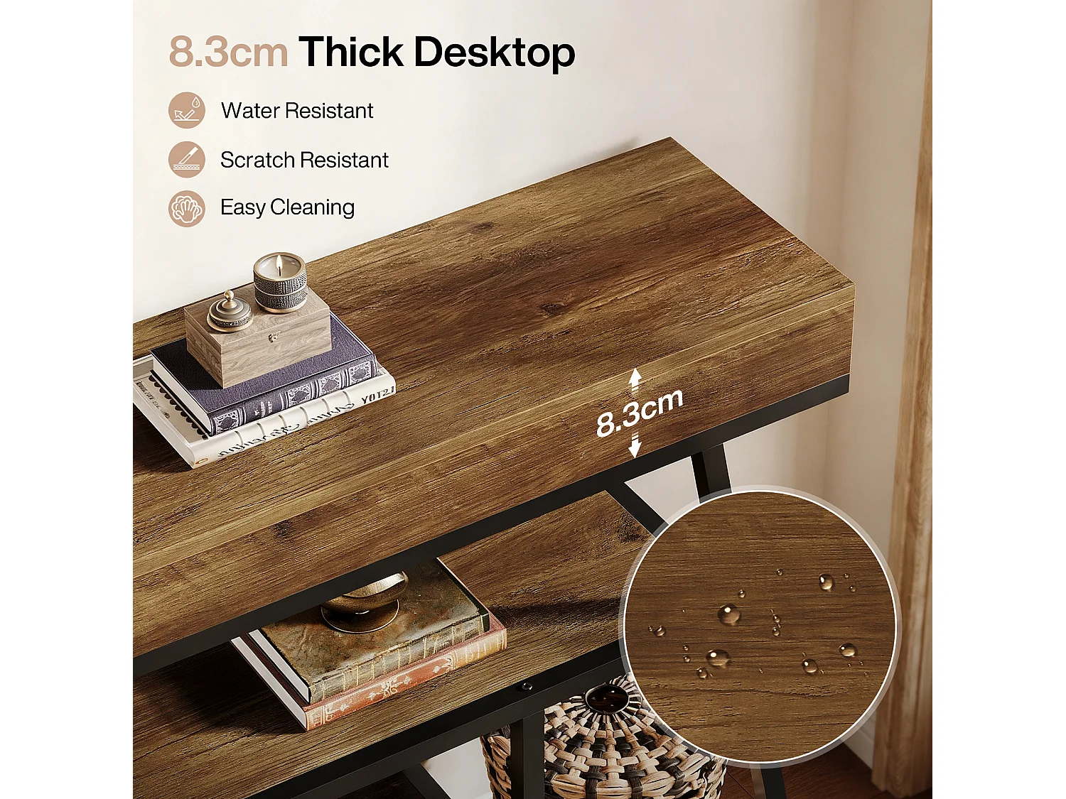 Table d'entrée de 105 cm, console étroite de style industriel avec 4 étagères de rangement