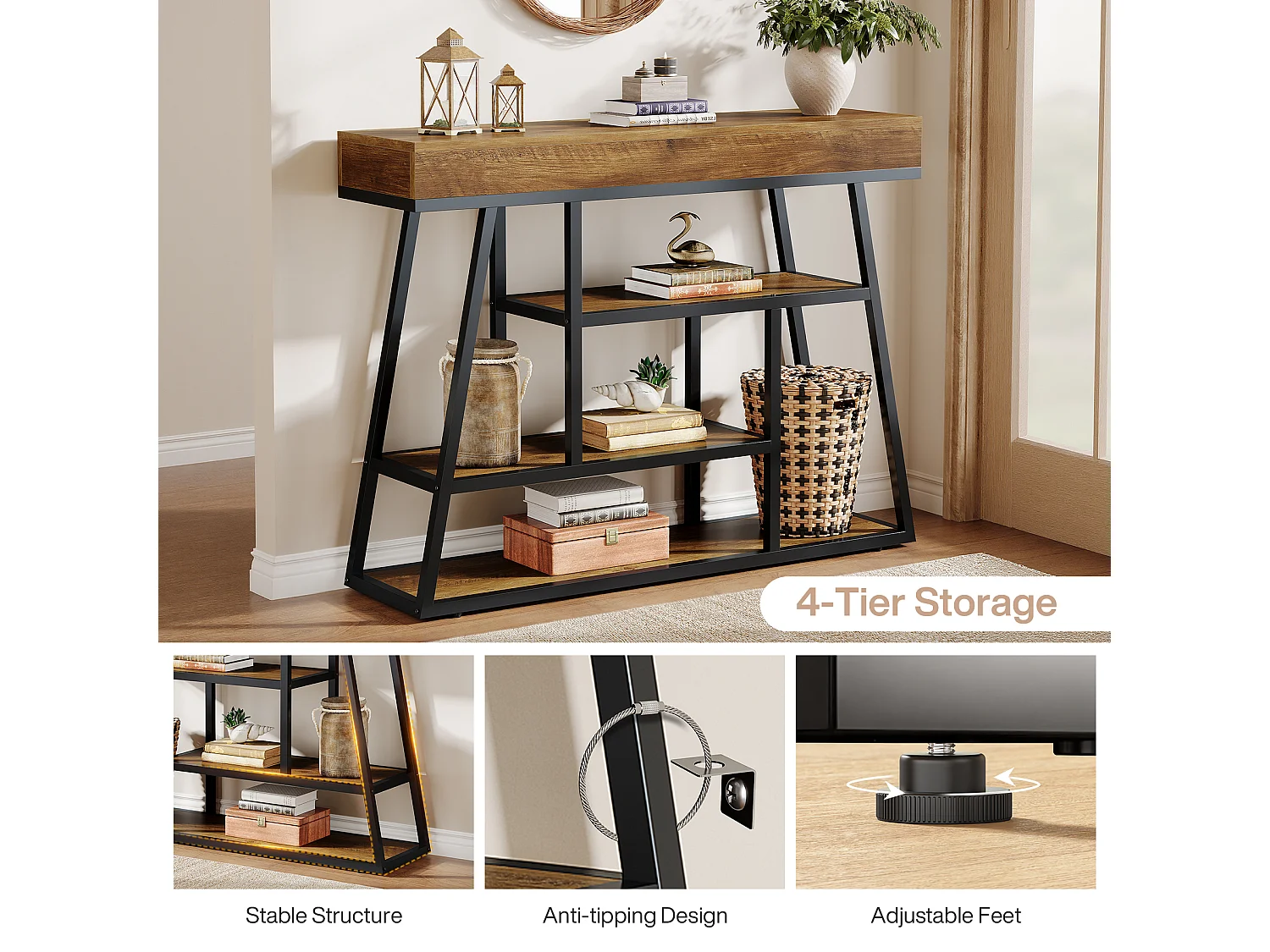 Table d'entrée de 105 cm, console étroite de style industriel avec 4 étagères de rangement