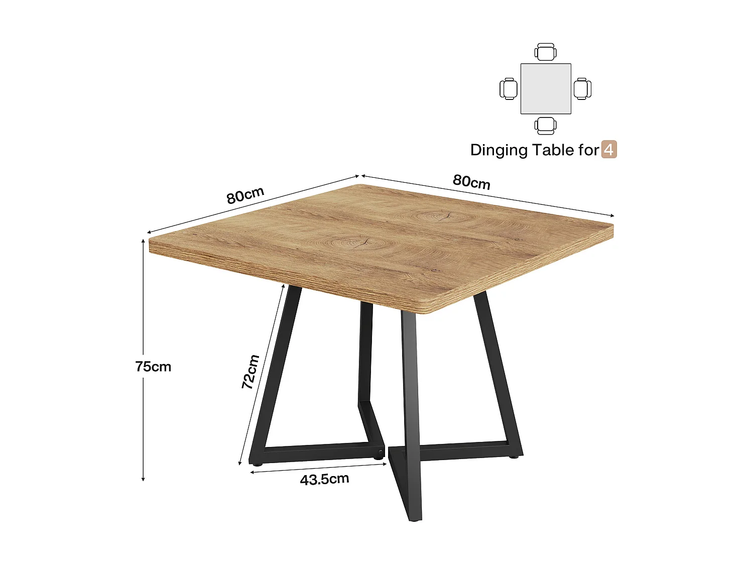 Table de salle à manger carrée pour 2 personnes, 80 cm, style moderne, avec piètement en métal
