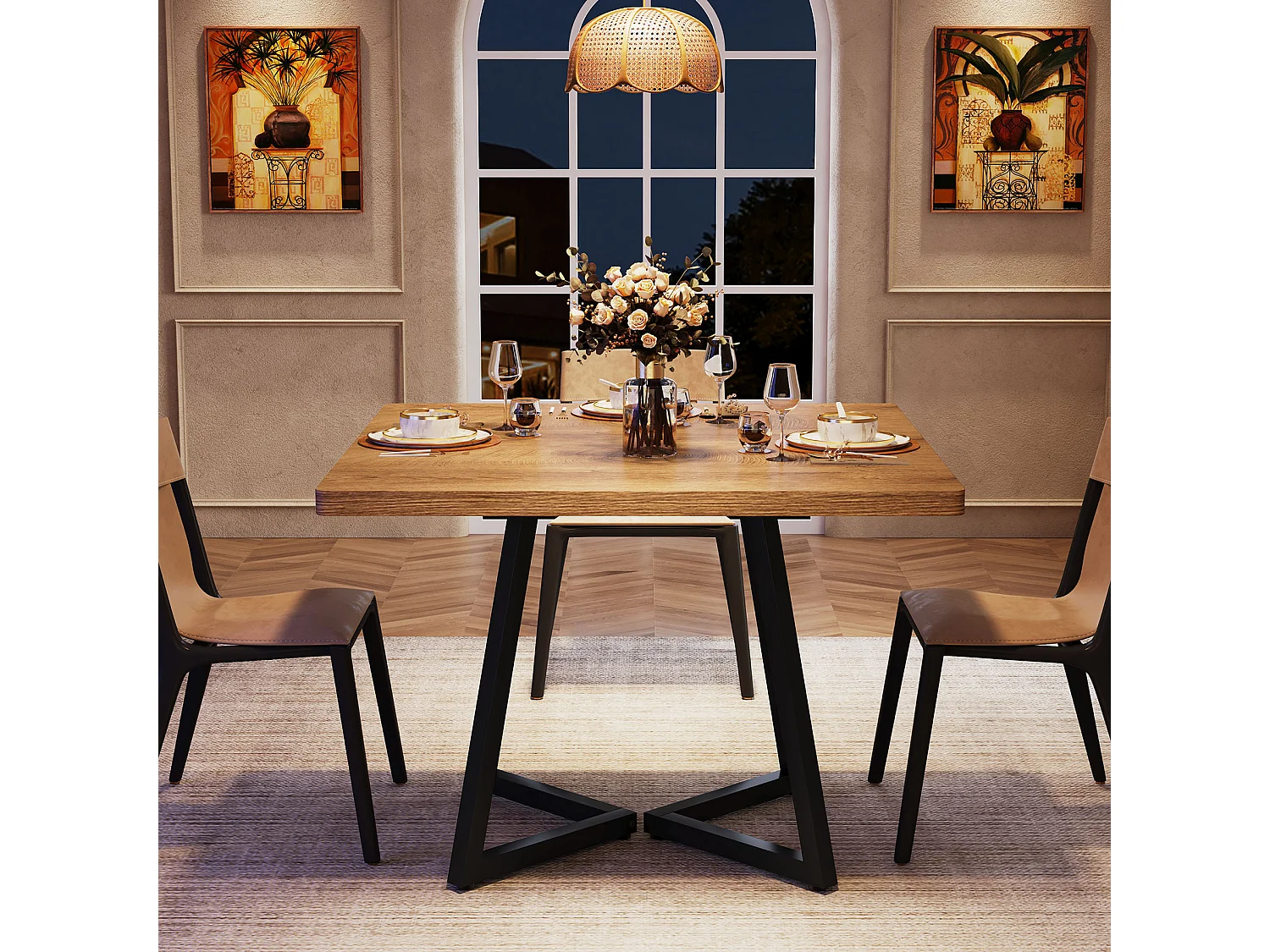 Table de salle à manger carrée pour 2 personnes, 80 cm, style moderne, avec piètement en métal