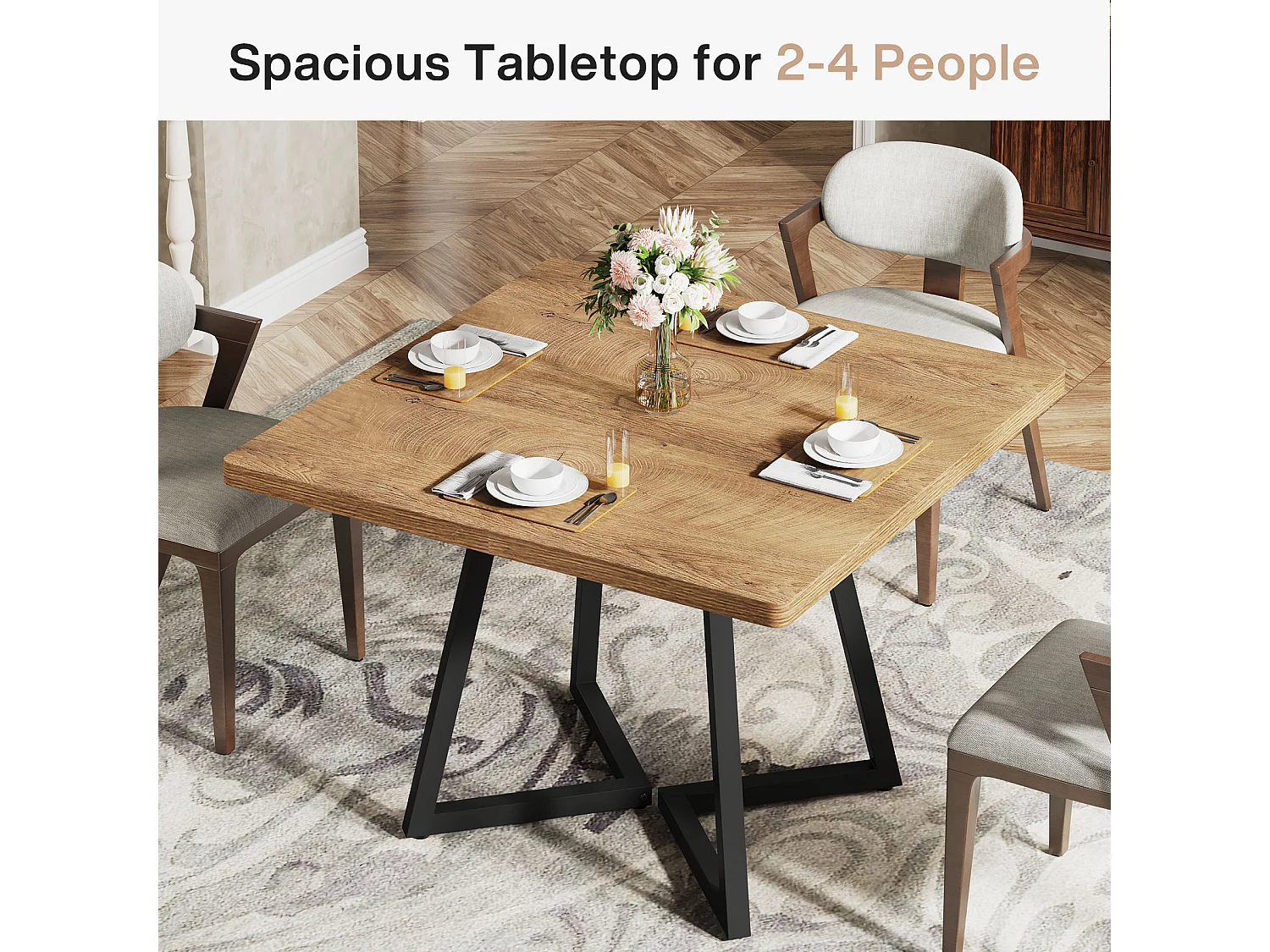 Table de salle à manger carrée pour 2 personnes, 80 cm, style moderne, avec piètement en métal