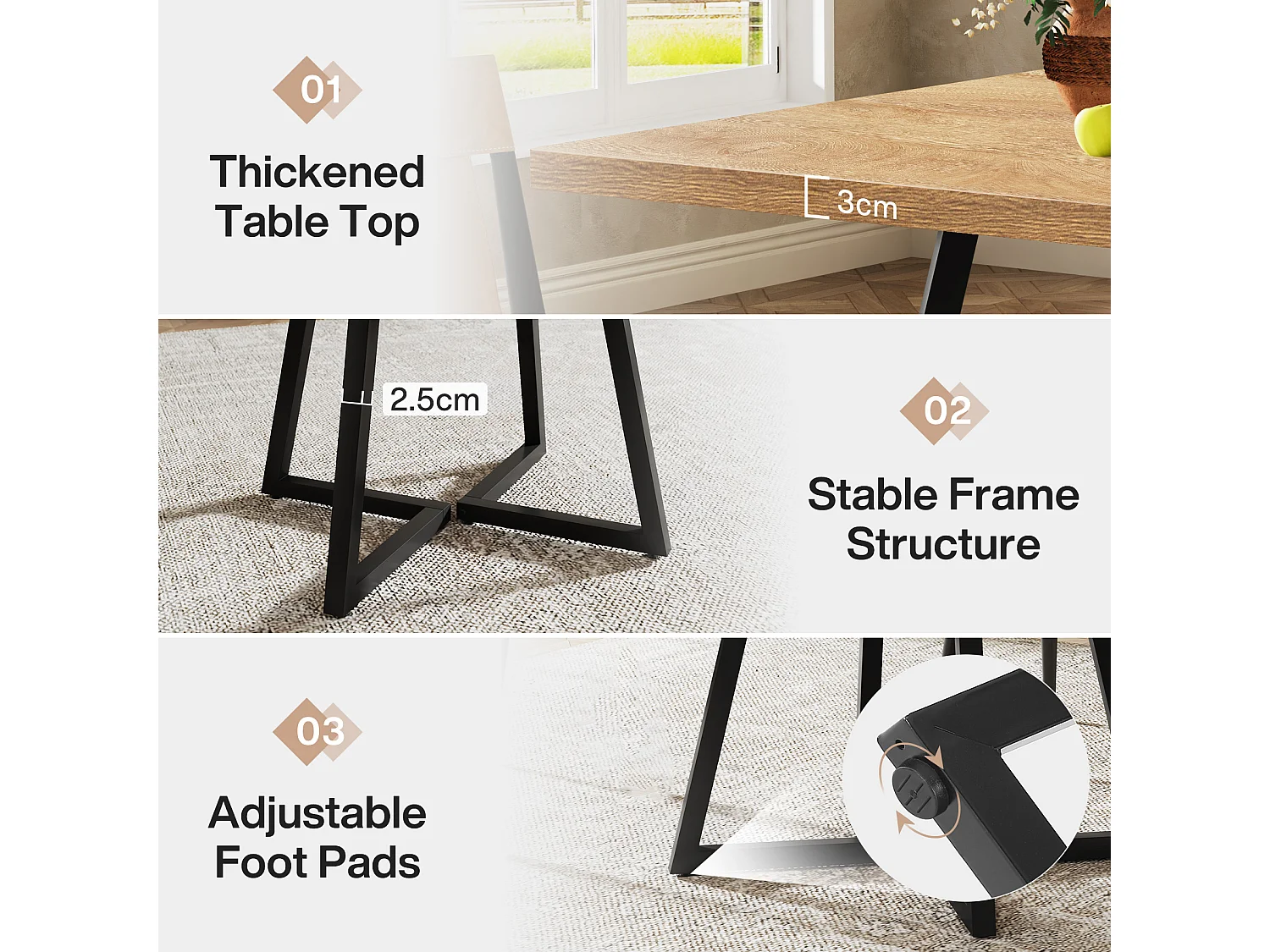 Table de salle à manger carrée pour 2 personnes, 80 cm, style moderne, avec piètement en métal