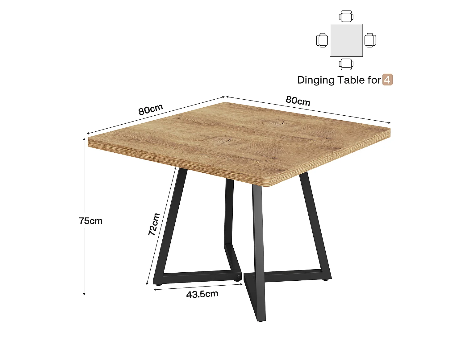 Table de salle à manger carrée pour 2 personnes, 80 cm, style moderne, avec piètement en métal