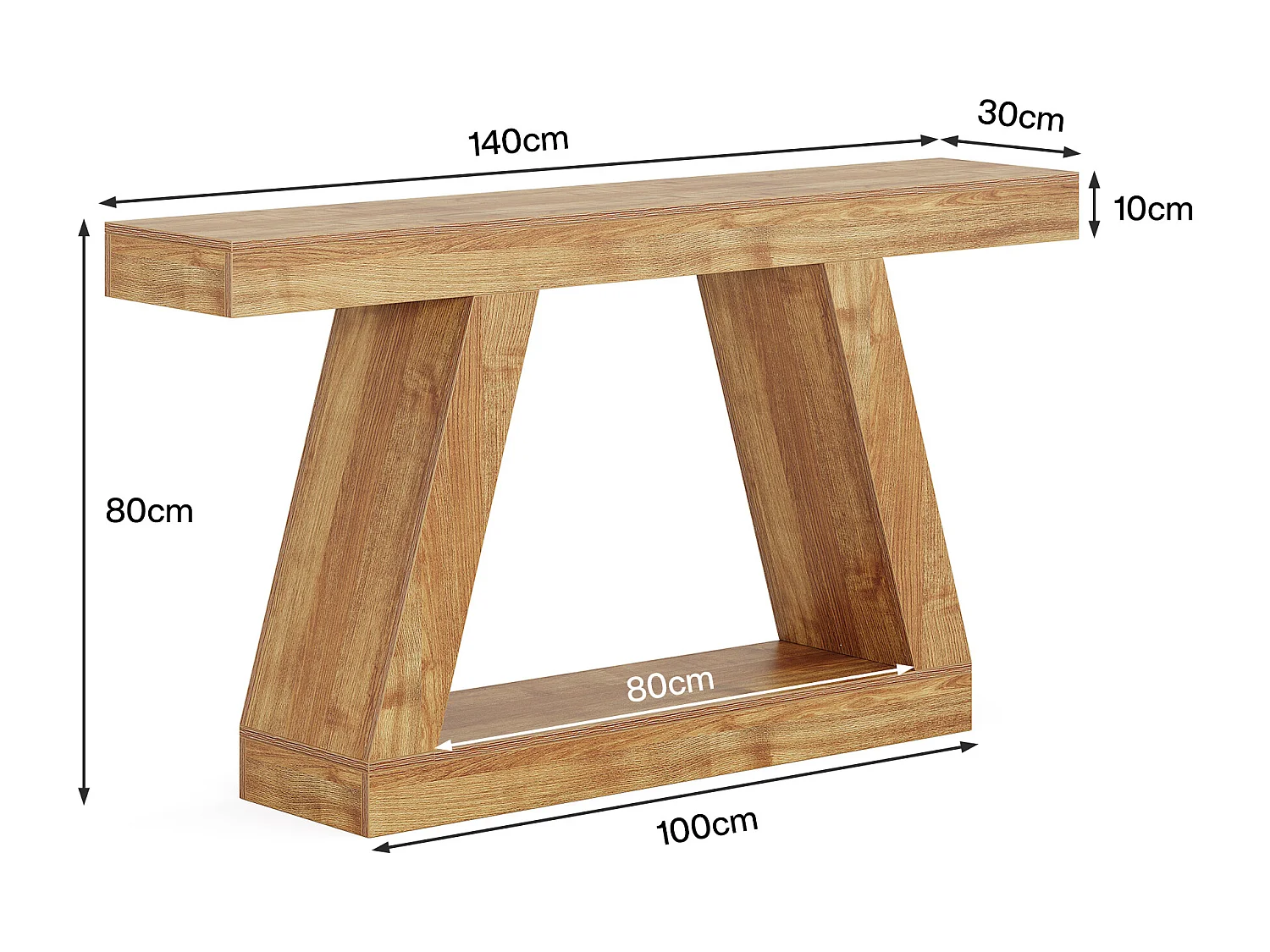 Console de style campagnard, table basse rustique de 140 cm avec rangement, marron naturel