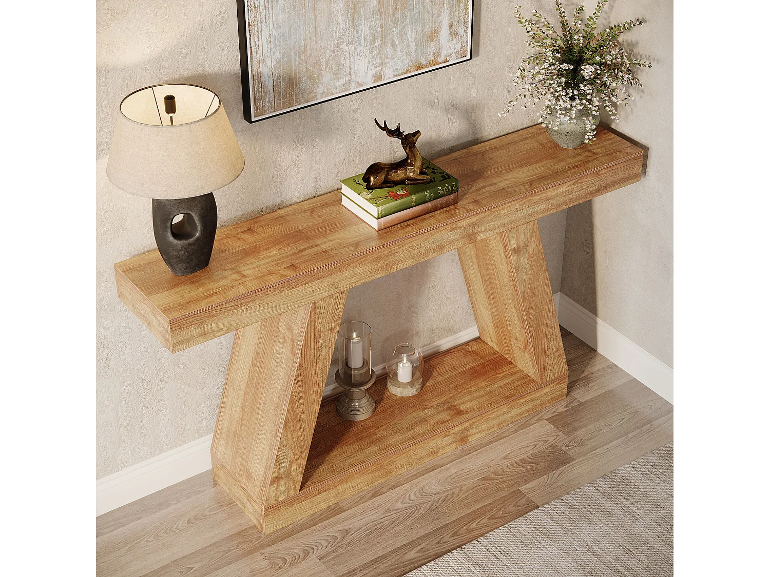 Console de style campagnard, table basse rustique de 140 cm avec rangement, marron naturel