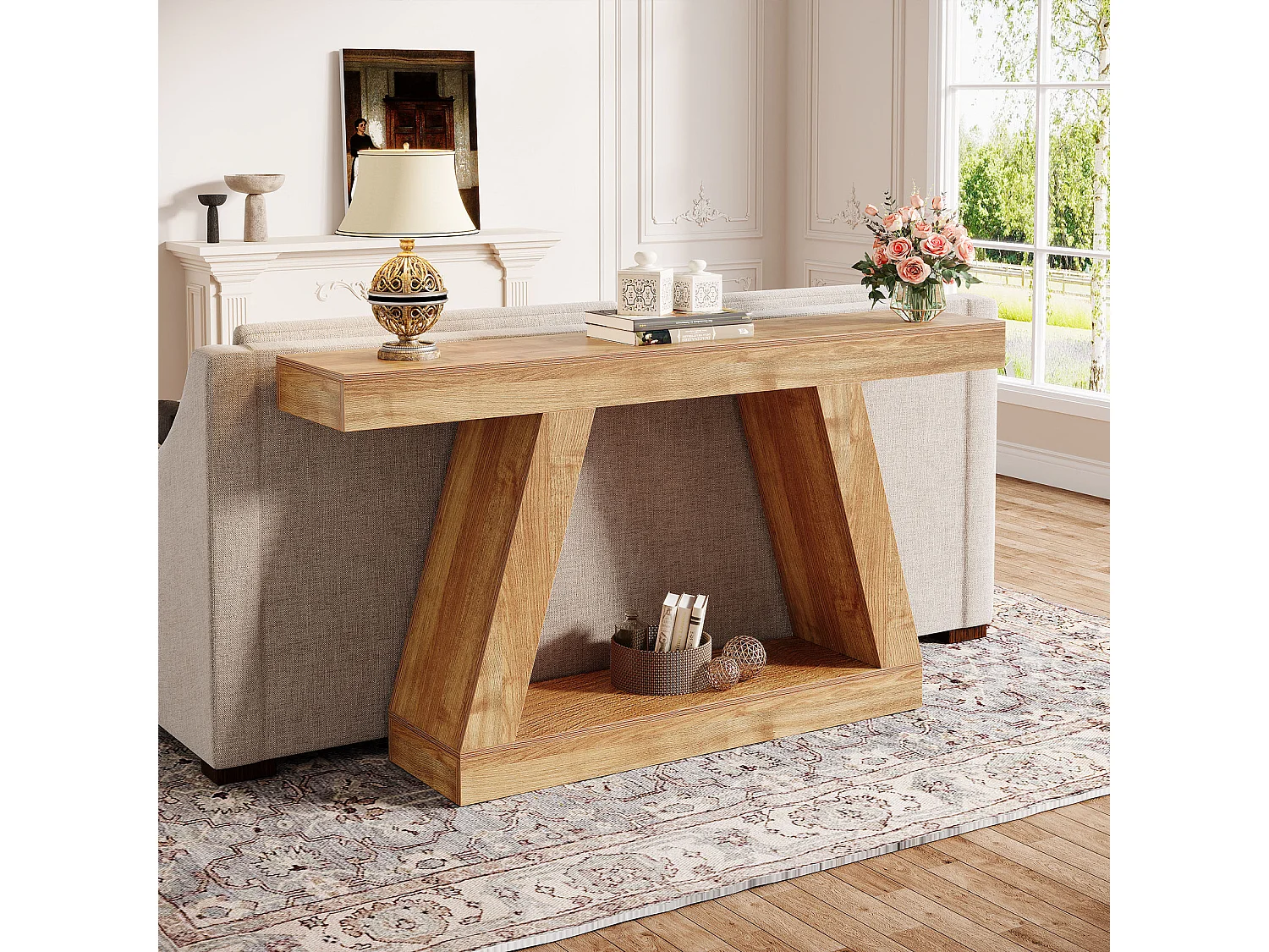 Console de style campagnard, table basse rustique de 140 cm avec rangement, marron naturel