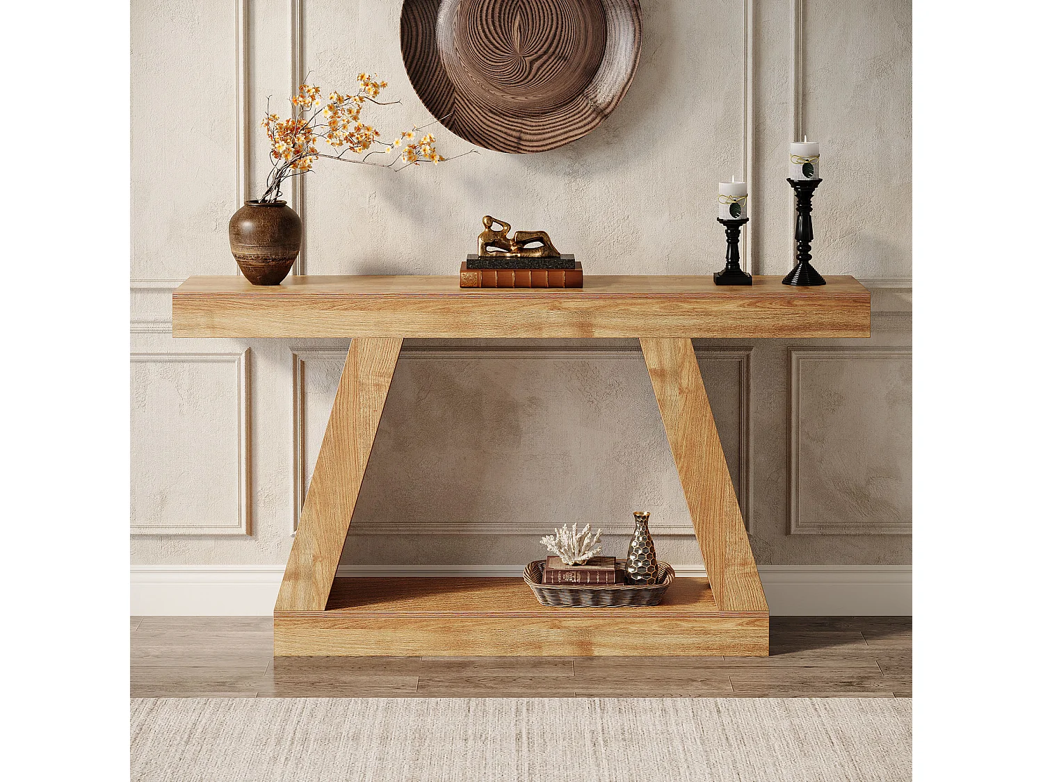 Console de style campagnard, table basse rustique de 140 cm avec rangement, marron naturel