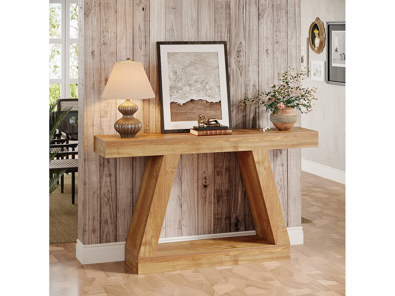 Console de style campagnard, table basse rustique de 140 cm avec rangement, marron naturel