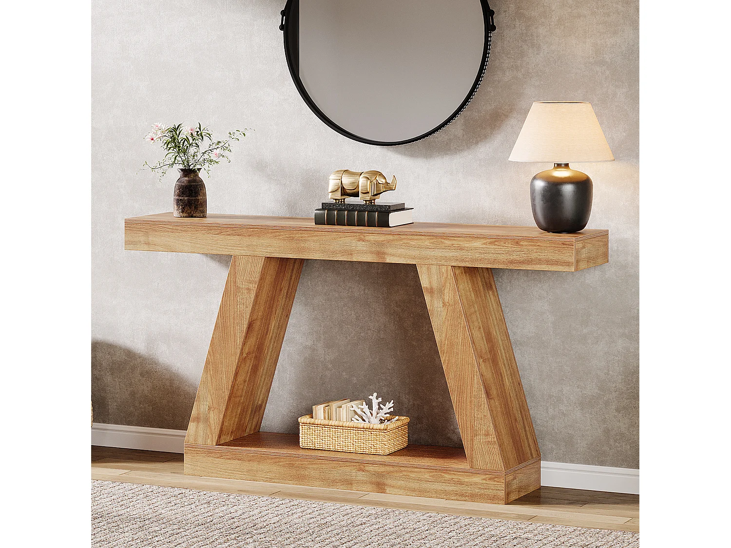 Console de style campagnard, table basse rustique de 140 cm avec rangement, marron naturel