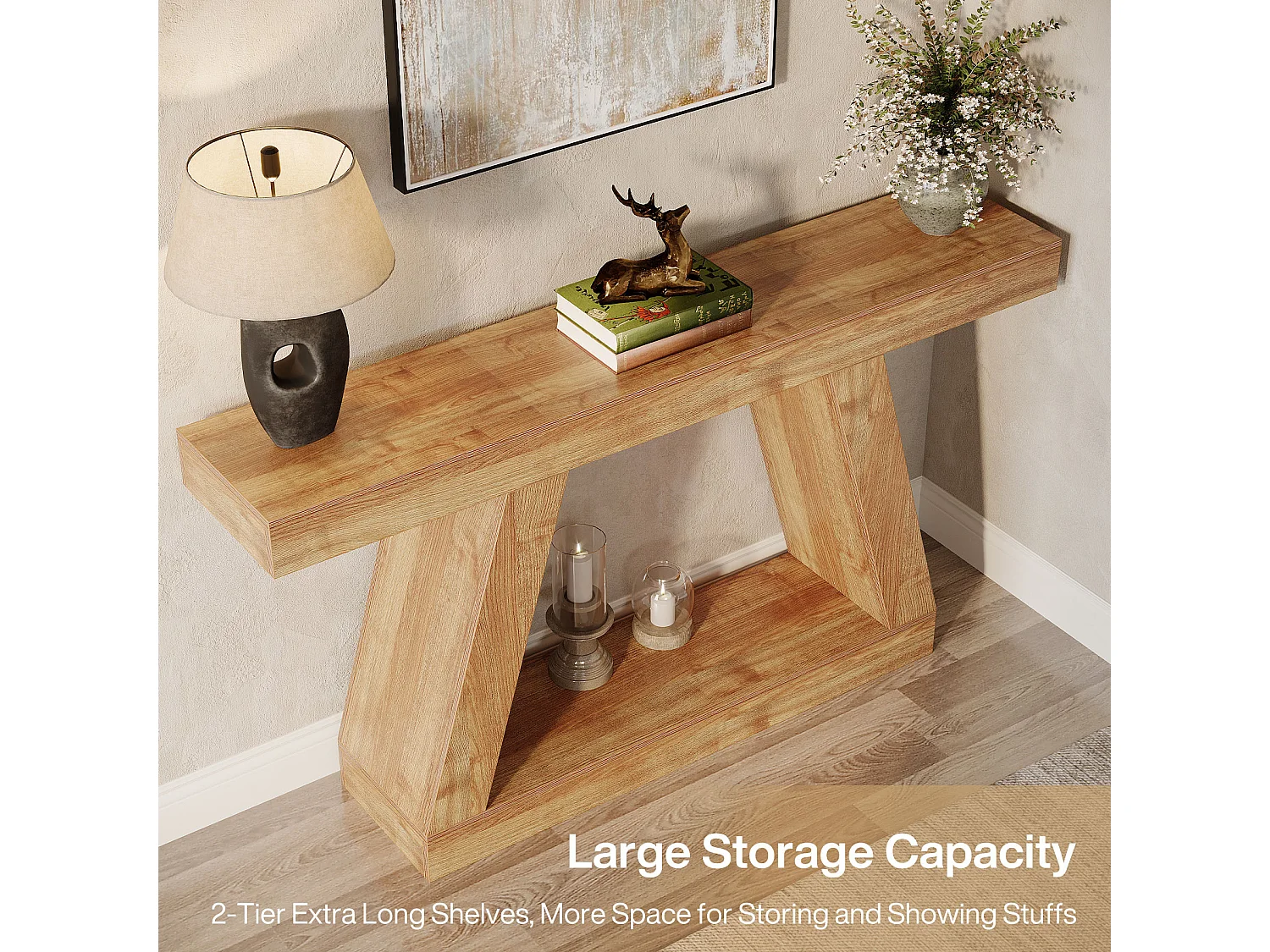 Console de style campagnard, table basse rustique de 140 cm avec rangement, marron naturel