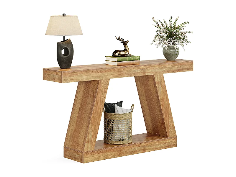 Console de style campagnard, table basse rustique de 140 cm avec rangement, marron naturel