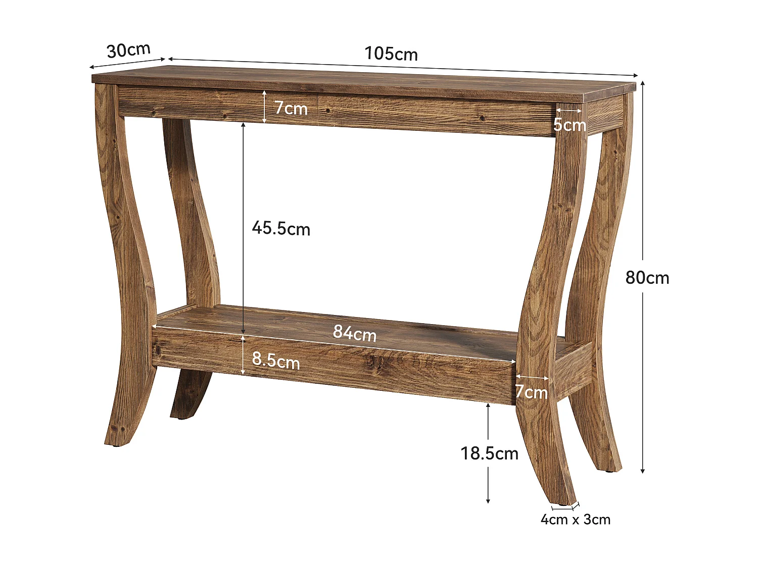 Massiver Holz-Konsolentisch mit Ablagefläche, 105 cm großer Landhaus-Eingangstisch mit Ablagefach