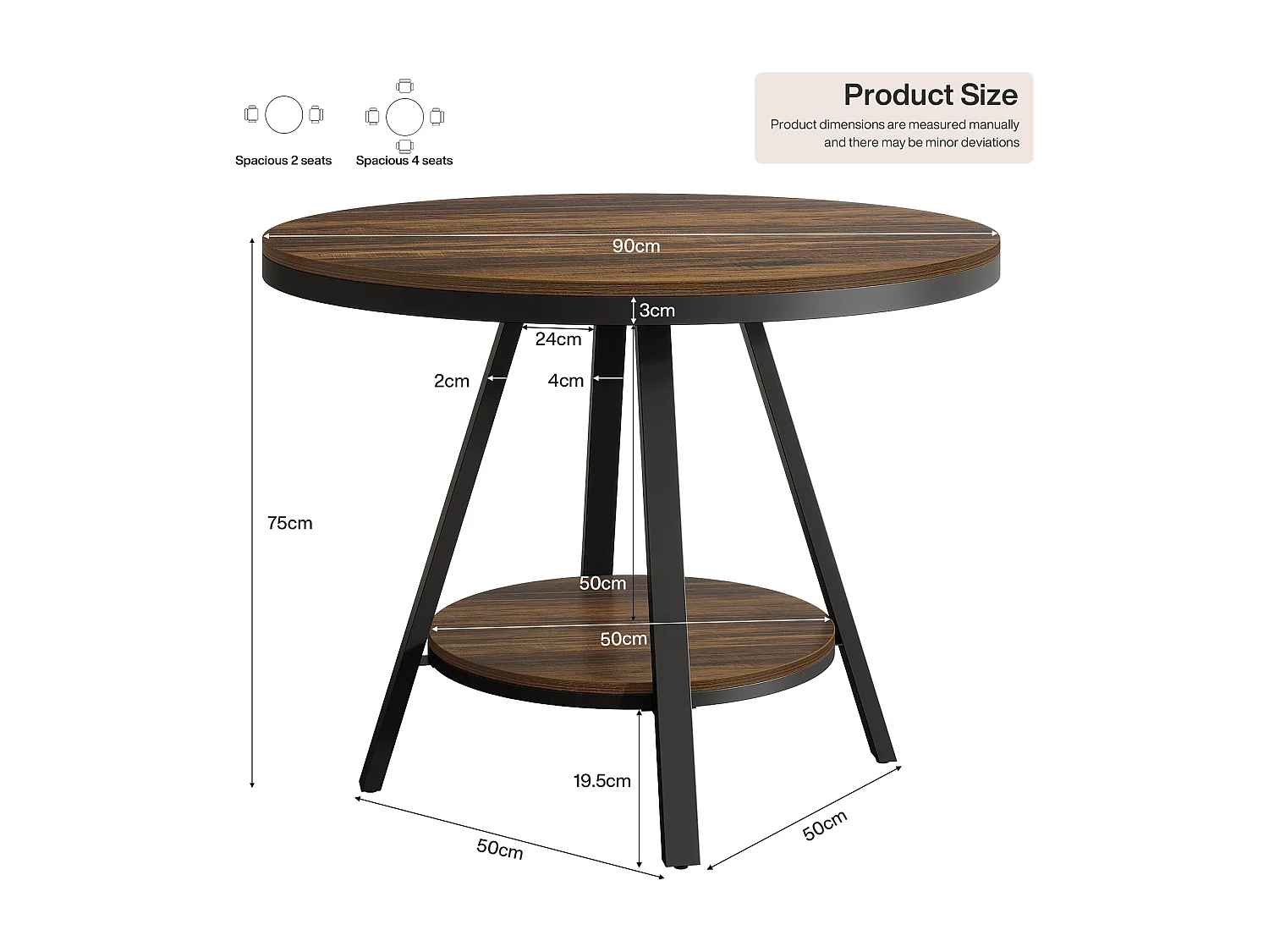 Table de salle à manger ronde industrielle à 2 niveaux, petite table de cuisine pour 2 à 4 personnes