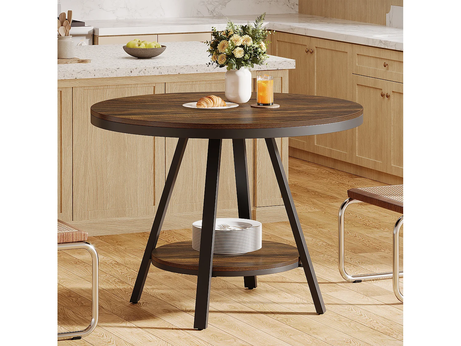 Table de salle à manger ronde industrielle à 2 niveaux, petite table de cuisine pour 2 à 4 personnes