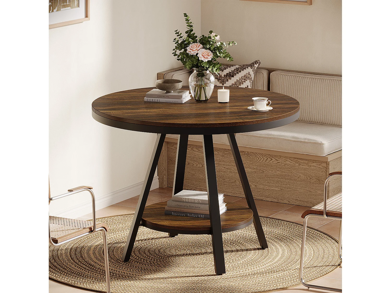 Table de salle à manger ronde industrielle à 2 niveaux, petite table de cuisine pour 2 à 4 personnes