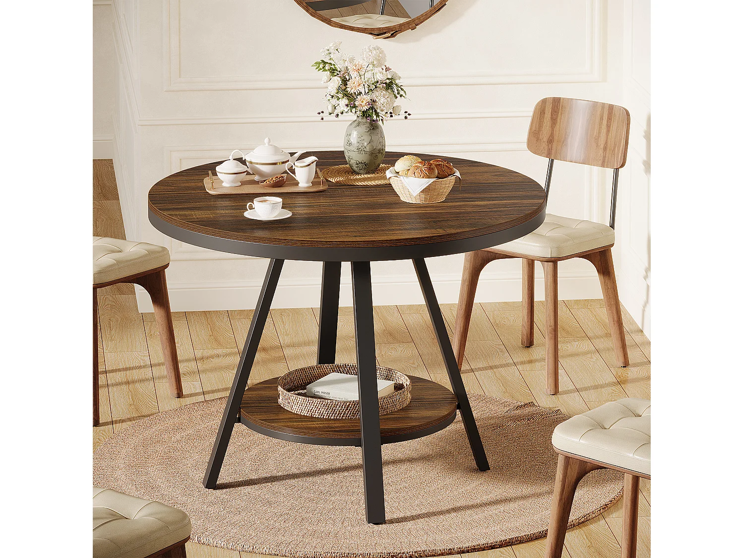 Table de salle à manger ronde industrielle à 2 niveaux, petite table de cuisine pour 2 à 4 personnes