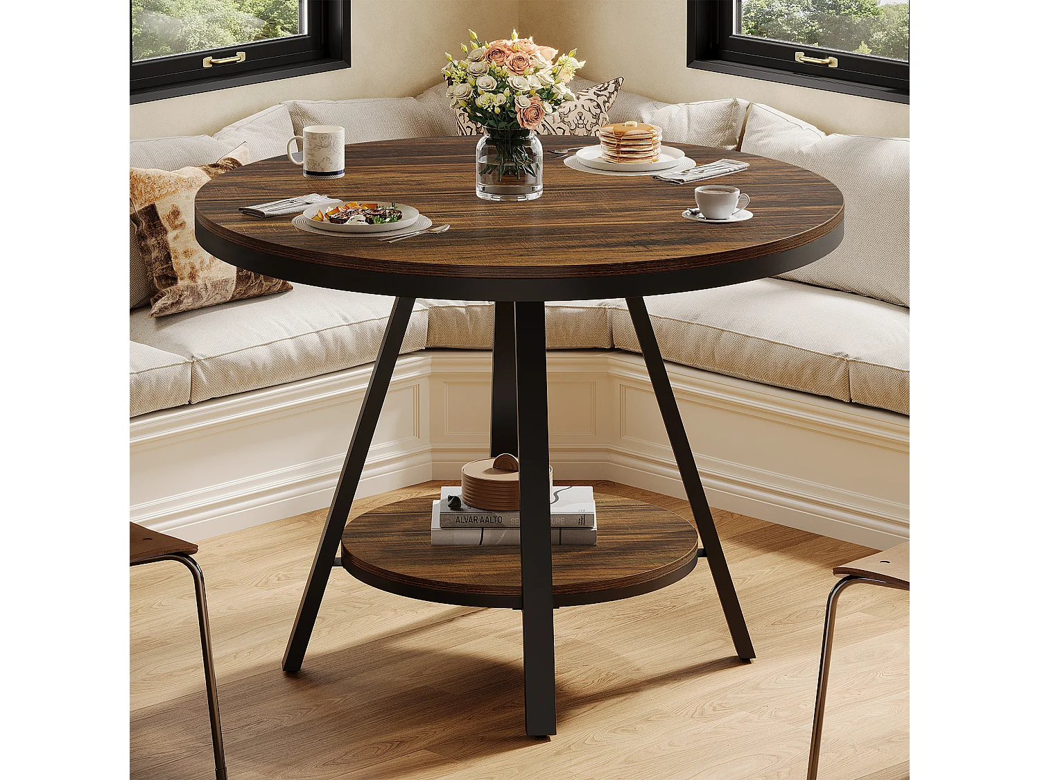 Table de salle à manger ronde industrielle à 2 niveaux, petite table de cuisine pour 2 à 4 personnes