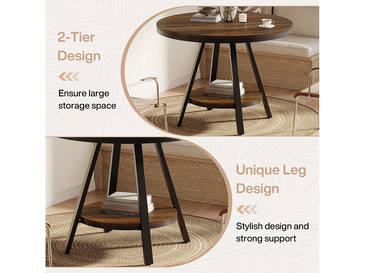 Table de salle à manger ronde industrielle à 2 niveaux, petite table de cuisine pour 2 à 4 personnes