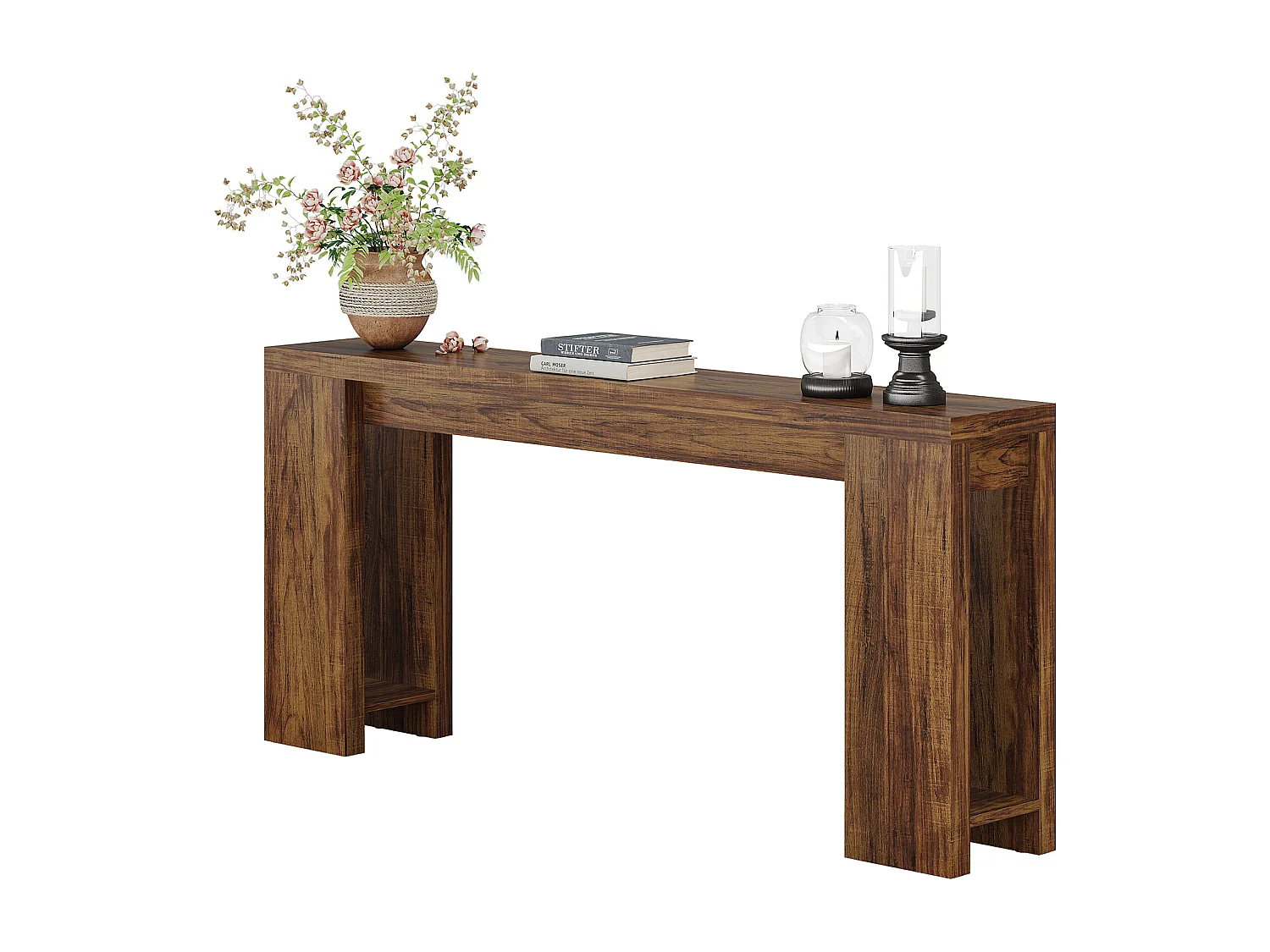 Console extra longue de 160 cm, table basse en bois de style campagnard à placer derrière le canapé