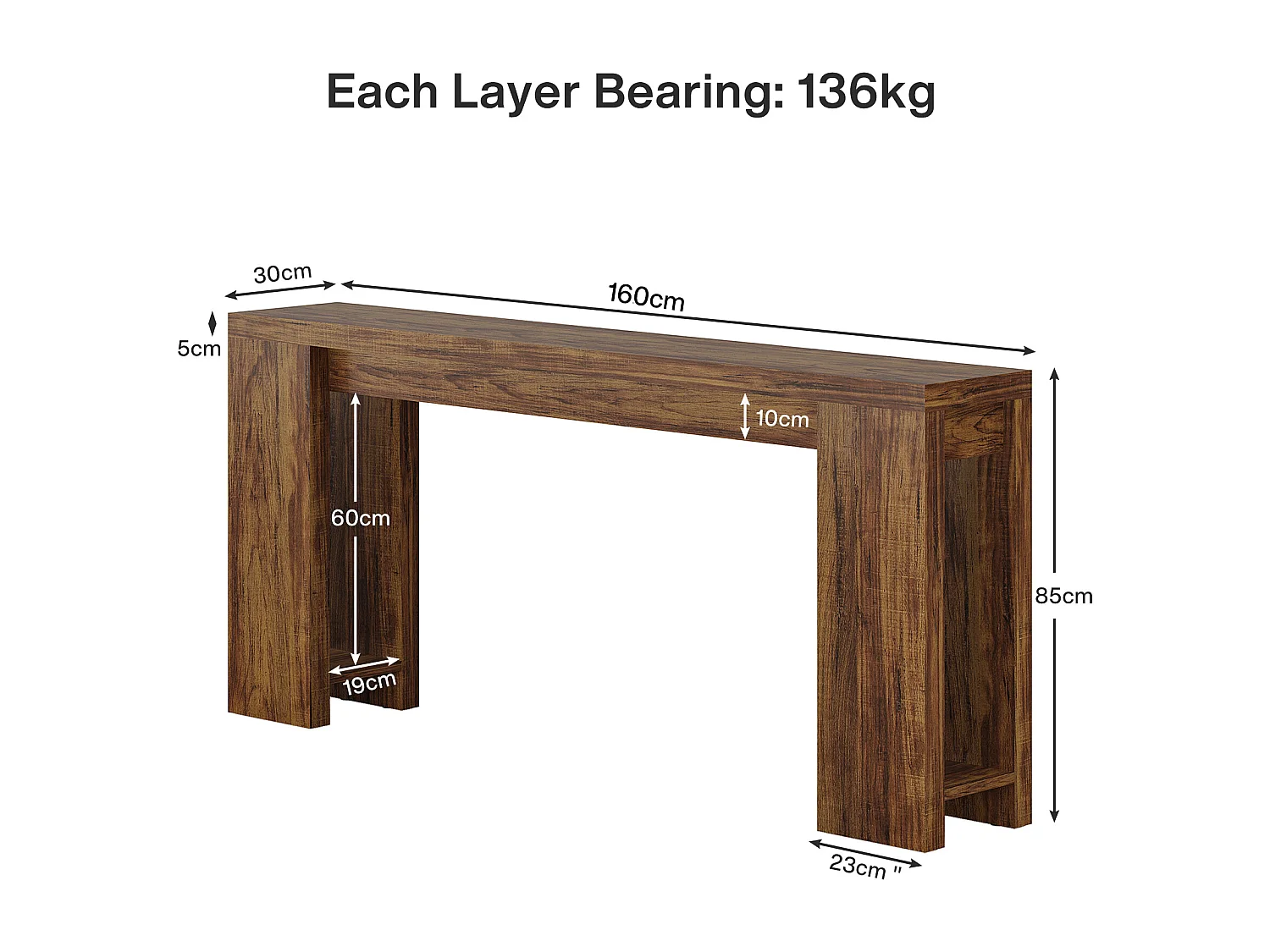 Console extra longue de 160 cm, table basse en bois de style campagnard à placer derrière le canapé