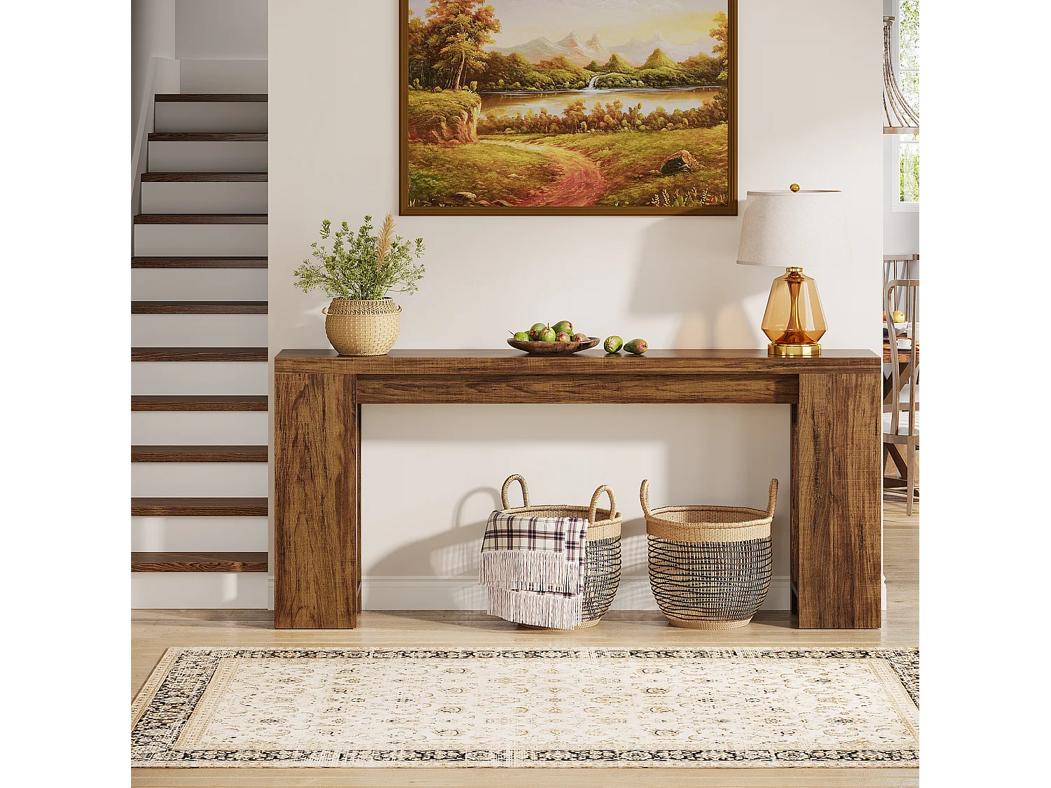 Console extra longue de 160 cm, table basse en bois de style campagnard à placer derrière le canapé