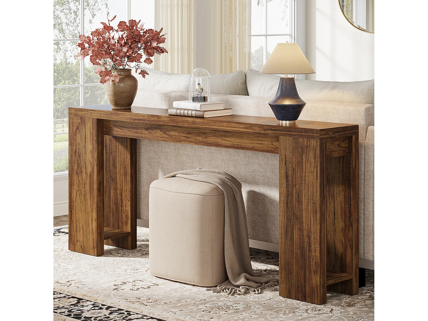 Console extra longue de 160 cm, table basse en bois de style campagnard à placer derrière le canapé