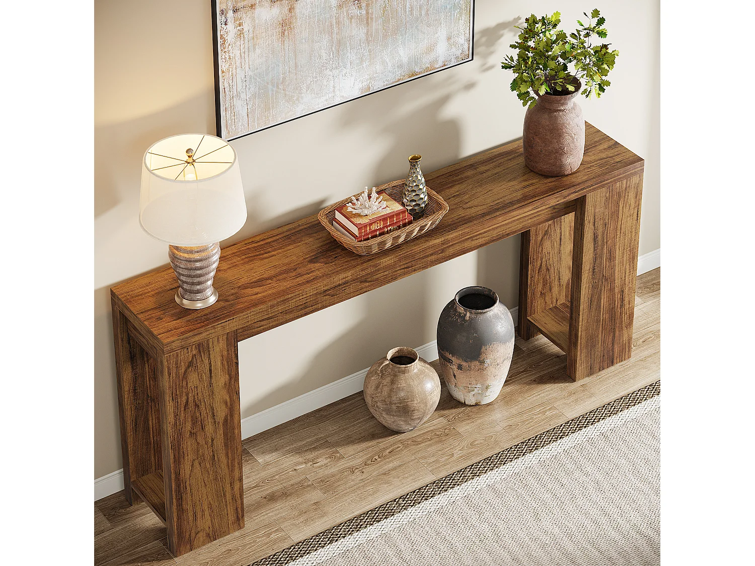 Console extra longue de 160 cm, table basse en bois de style campagnard à placer derrière le canapé