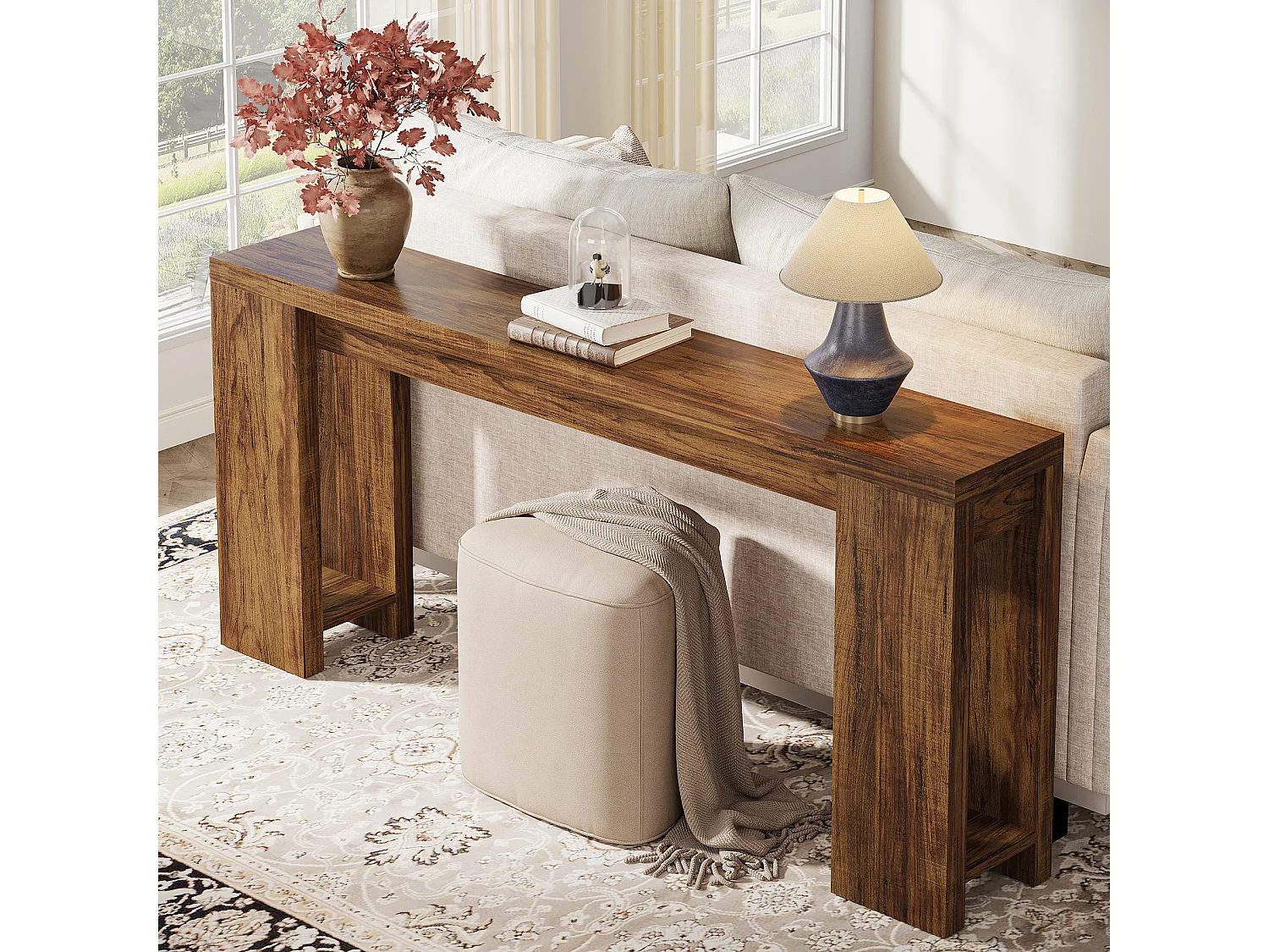 Console extra longue de 160 cm, table basse en bois de style campagnard à placer derrière le canapé