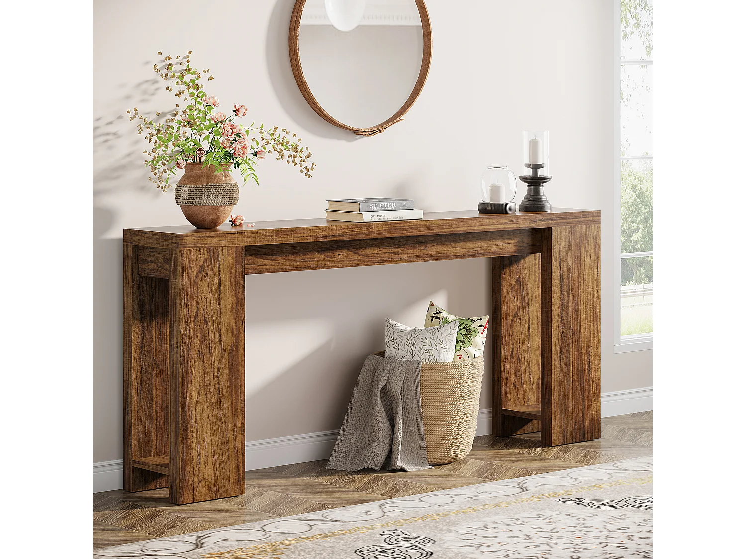 Console extra longue de 160 cm, table basse en bois de style campagnard à placer derrière le canapé
