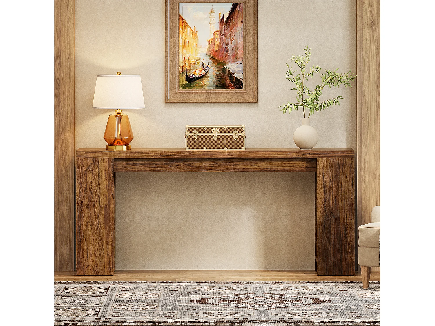 Console extra longue de 160 cm, table basse en bois de style campagnard à placer derrière le canapé