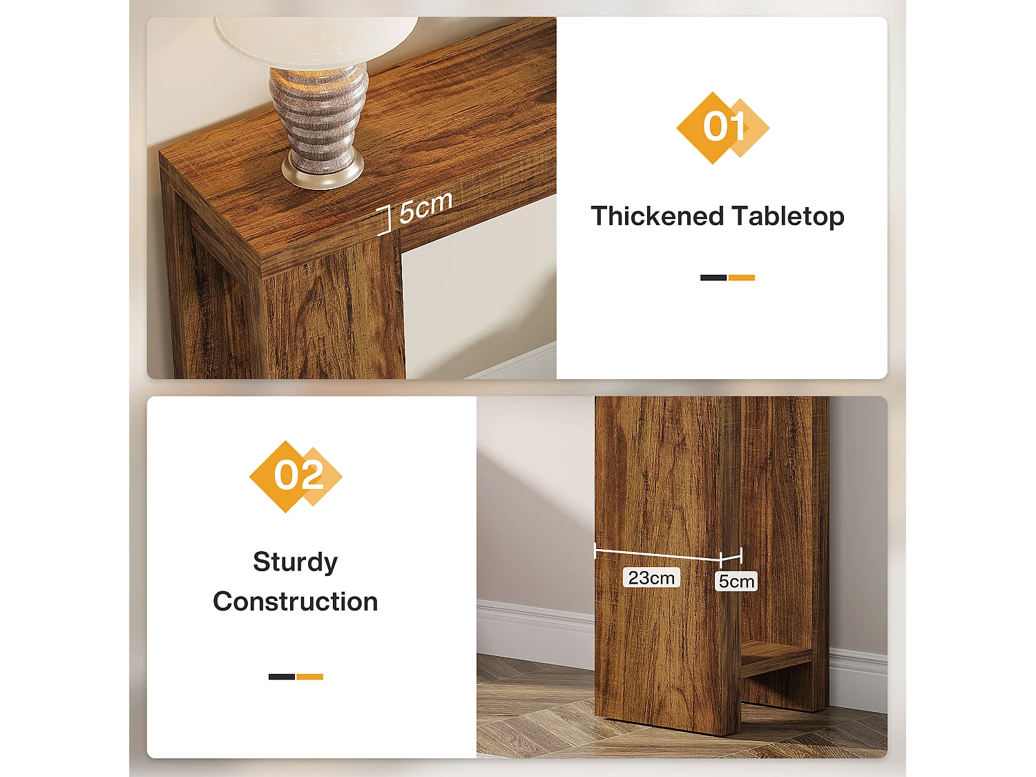 Console extra longue de 160 cm, table basse en bois de style campagnard à placer derrière le canapé