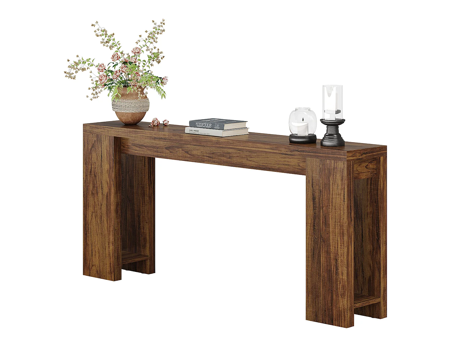 Console extra longue de 160 cm, table basse en bois de style campagnard à placer derrière le canapé