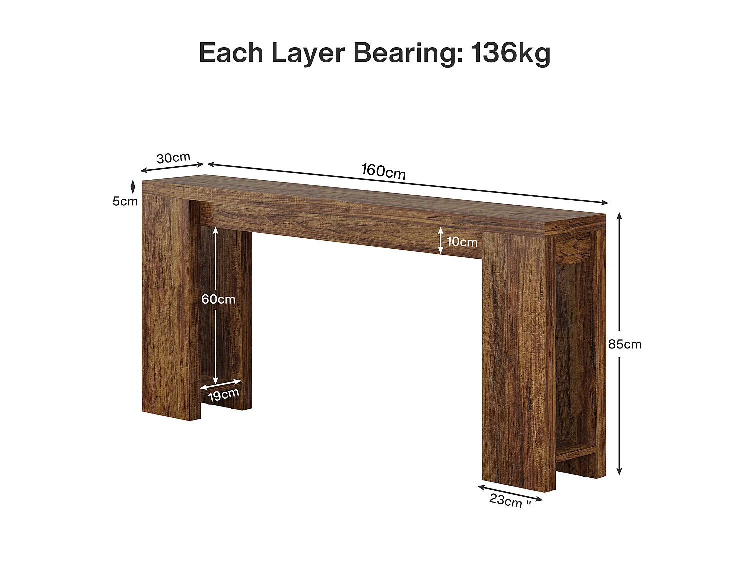 Console extra longue de 160 cm, table basse en bois de style campagnard à placer derrière le canapé