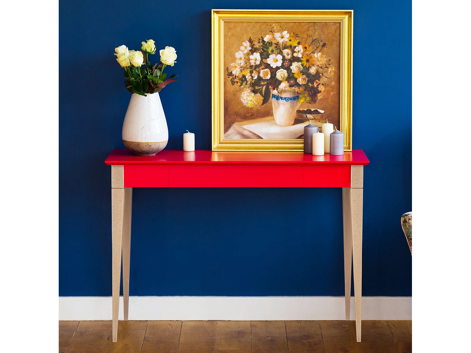 Petit bureau avec tiroir 105 x 40 cm Mimo Blanc | Pieds en hêtre