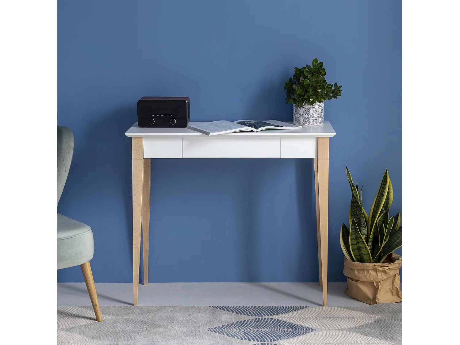 Lille skrivebord med skuffe 85x40 cm Mimo Hvid | Ben i bøgetræ