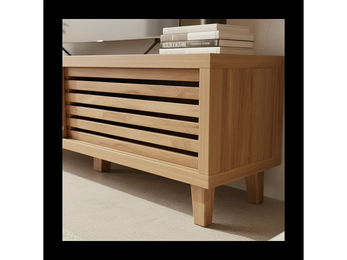 Meuble TV 2 portes coulissantes à lames ajourées L140 cm LIAM