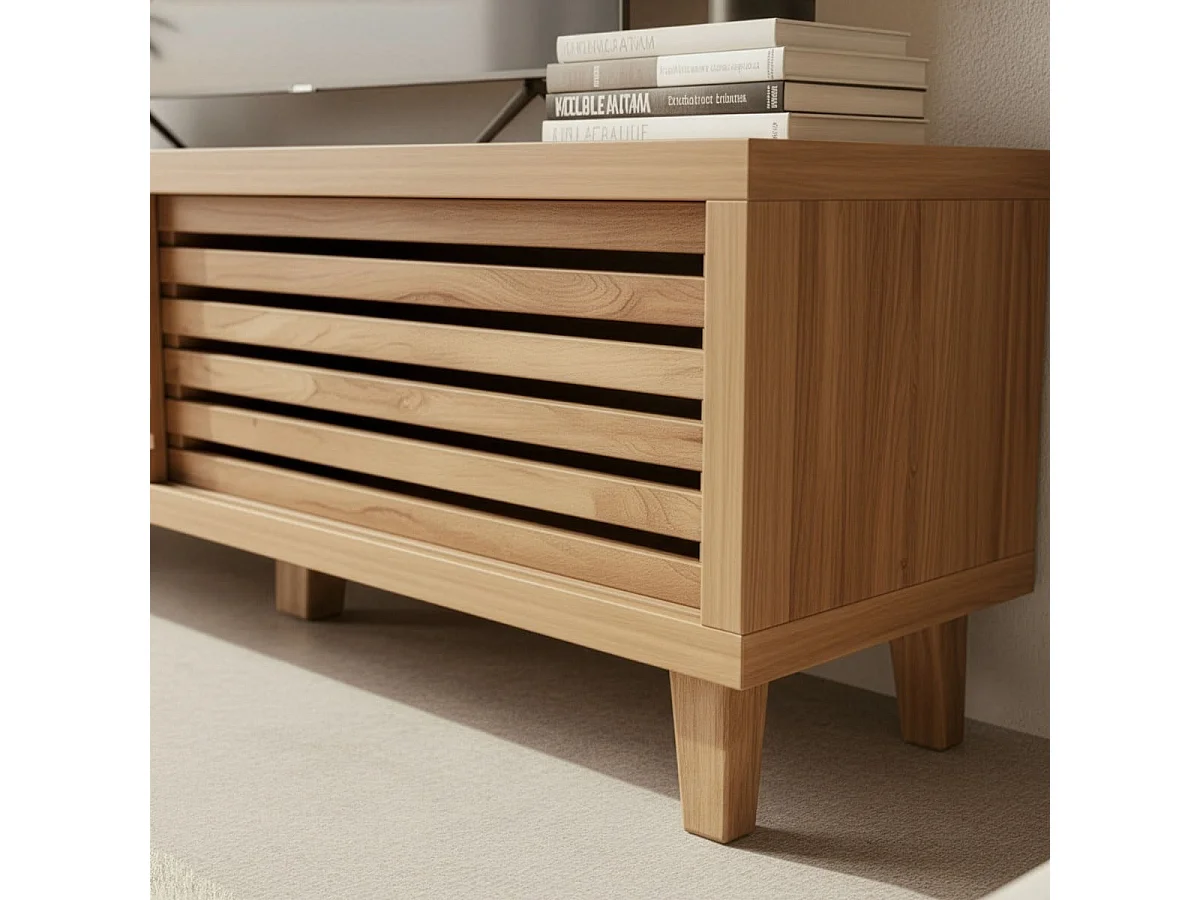 Meuble TV 2 portes coulissantes à lames ajourées L140 cm LIAM