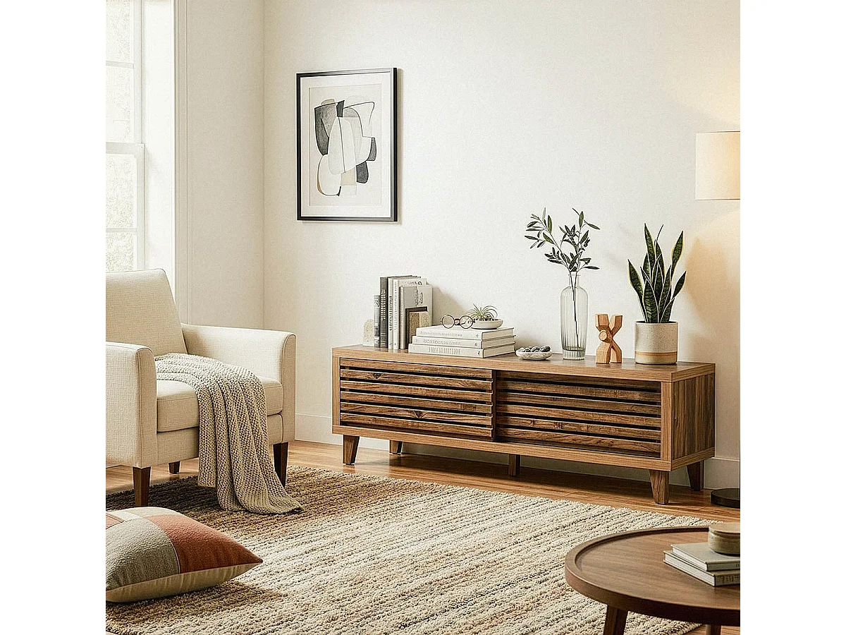 Meuble TV 2 portes coulissantes à lames ajourées L140 cm LIAM