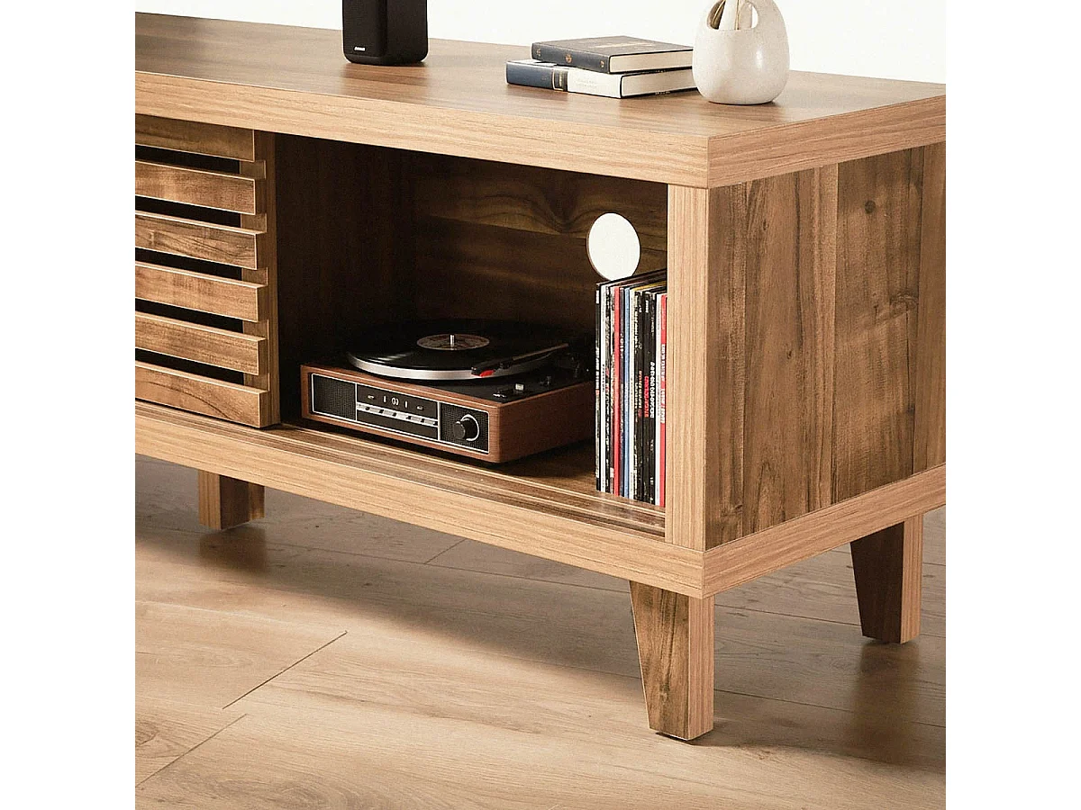 Meuble TV 2 portes coulissantes à lames ajourées L140 cm LIAM