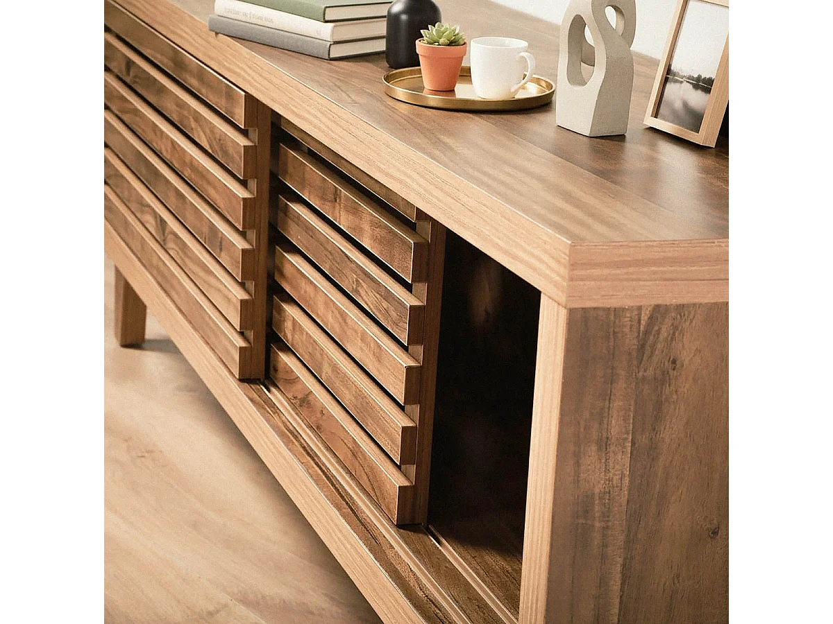 Meuble TV 2 portes coulissantes à lames ajourées L140 cm LIAM