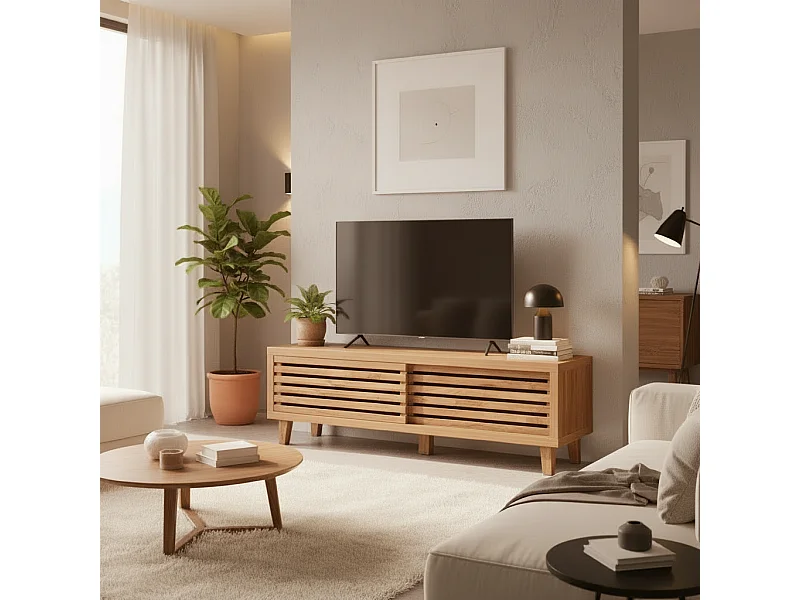 Meuble TV 2 portes coulissantes à lames ajourées L140 cm LIAM