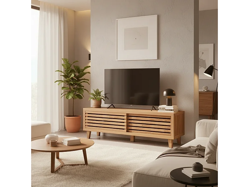 Mueble de TV con 2 puertas correderas de lamas perforadas L140 cm - LIAM