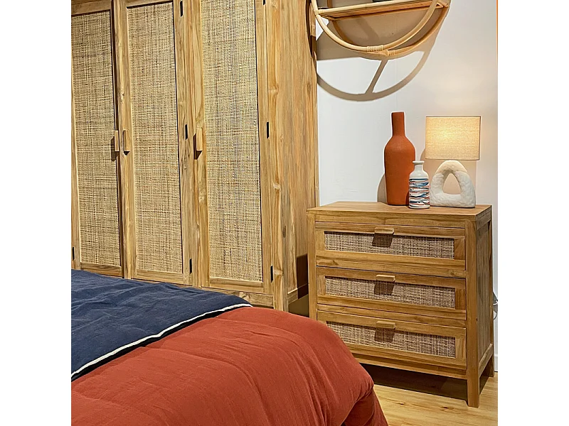 Commode H. 73 cm 3 tiroirs en teck et cannage rotin – CAMILO
