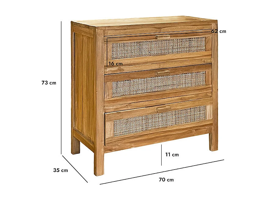 Commode H. 73 cm 3 tiroirs en teck et cannage rotin – CAMILO