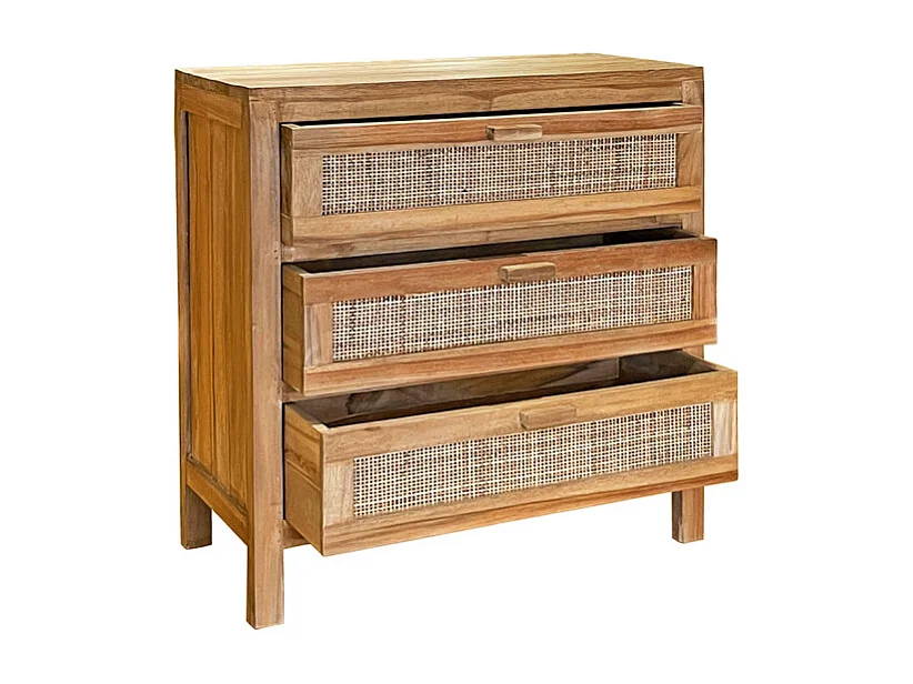 Commode H. 73 cm 3 tiroirs en teck et cannage rotin – CAMILO