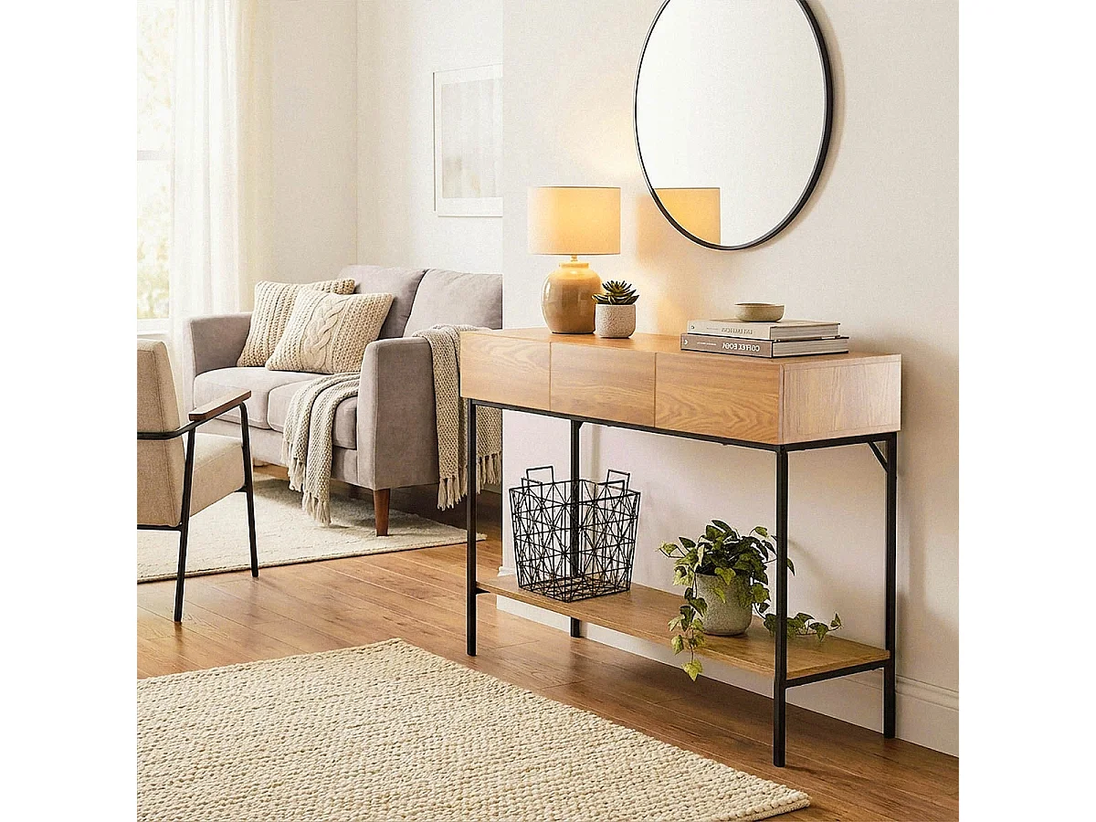 Consola de 3 cajones con 1 estante inferior, decoración de madera y metal negro, L120 cm - TESSA